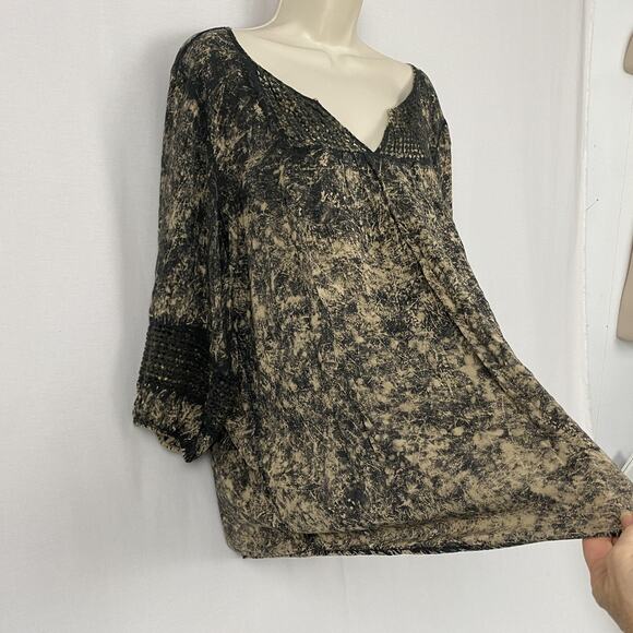 One World Blouse Womens 2X Black Beige Boho Crochet Trim Fairy Grunge Neutral - Picture 4 of 15